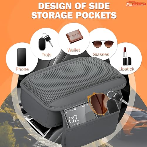 Image of DETACHI Car Center Console Armrest Cover Pad, PU Leather Mesh Armrest Cushion,Universal Fit for SUV /Truck /Car, Console Box Cover With 2 Mobile Pockets, Breathable Mesh Fabric Mat-(Grey, 31X18X2CM)