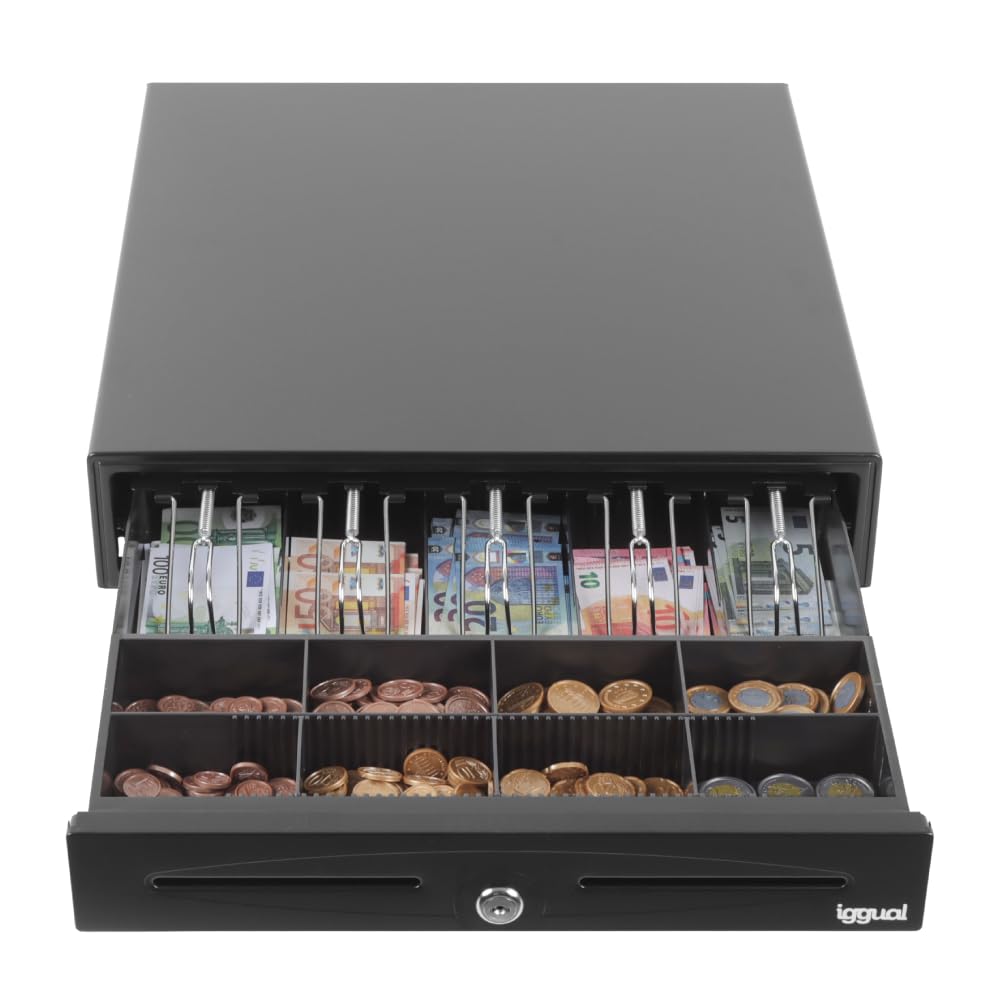 iggual - Drawer - IRON - 70 | Cash Register with Manual or Automatic Opening - 5 + 8 Compartments for Bills and Coins with 3 Positions Lock - Black