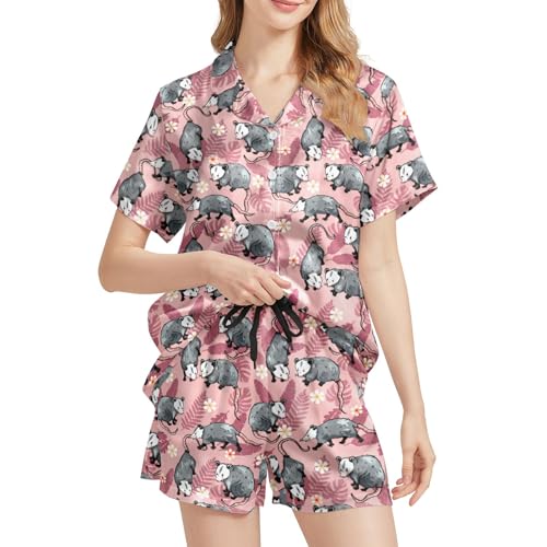 Image of Silk Satin Pajama Set for Women Summer Lounge Pjs Sets 2 Piece Suit Ladies Button Down Tops And Shorts Sleepwear