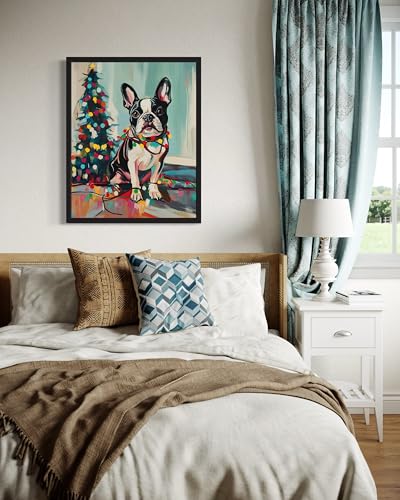 Image of Boston Terrier Christmas Black Framed Wall Art Print Poster, Dog Pet Lover Picture Painting Artwork Bedroom Living Room Office Dining Room 150D (Boston Terrier Christmas, 10 inch L x 8 inch W, Black Frame)