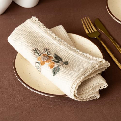 Image of R home Honeycomb Sunflower Embroidered Cotton Napkins with Lace, Set of 6, 16x16 Inch, Reusable Machine Washable Dinner Napkins for Dining Table, Lunch, Parties, Restaurants, Cafes & Home Decor