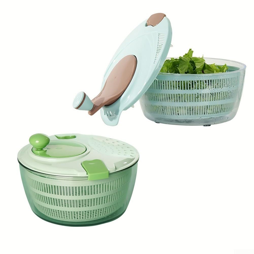 Centrifugador de ensalada con manivela, secador manual de verduras y cuenco de lavadora, deshidratador de lechuga eficiente para cocina, diseño medio transparente, base antideslizante, apto
