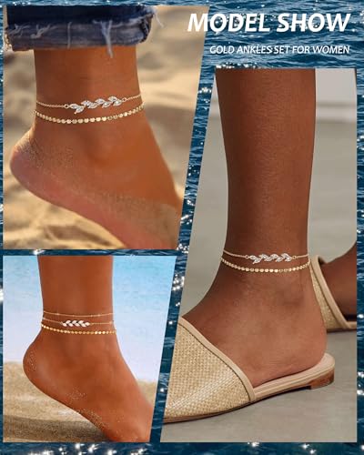 Image of ZHESHY Gold Silver Ankle Bracelets for Women 14K Gold Plated Anklets for Women Waterproof Cuban Link Heart Chain Anklets Set Non Tarnish Dainty Layered Anklet Bracelets for Women Summer Beach Jewelry