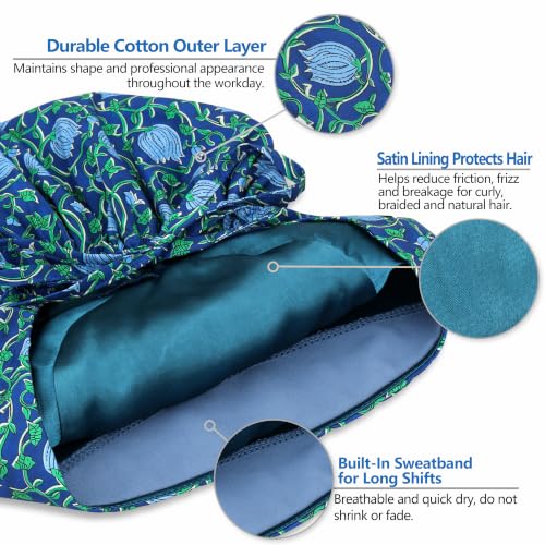 Image of Satin Lined Scrub Cap for Women, Bouffant Nurse Cap with Sweatband and Buttons, Adjustable Surgical Hat for Curly Hair, Braids, Long Hair and Buns, Royal Vine Blossom
