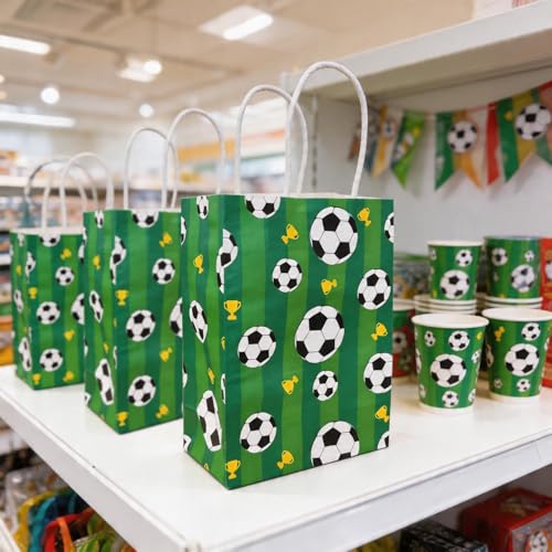 LAOREI 12 Pcs Soccer Goodie Bags, Green Soccer Party Favor Bags with Handles, Paper Gift Bags Soccer Themed Party Gift Bags for Birthday Party Soccer Party Supplies — view 6