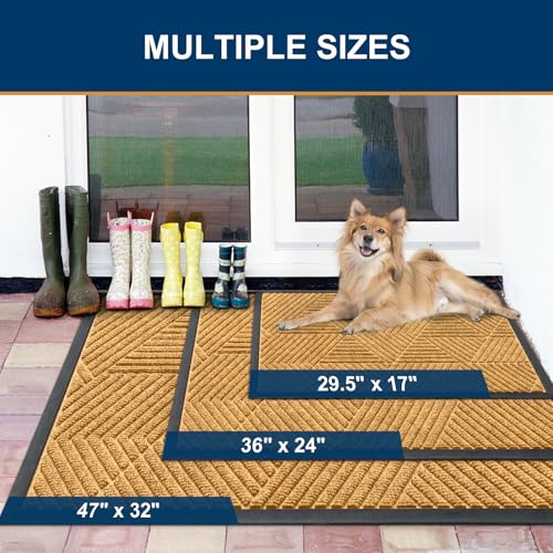 Image of Smiry Front Door Mat Outside Entrance, Heavy Duty Sturdy Natural Rubber Doormat, Trap Dirt and Moisture, Easy Clean Low Profile Mats for Indoor Outdoor Entry, Irregular Triangle (29.5x17, CRM-Yellow)