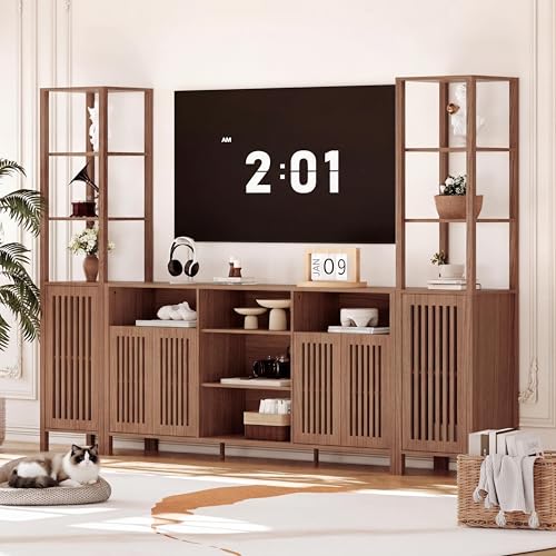 Image of Farmhouse Rustic TV Stand for TVs Up to 70 Inch, Entertainment Center with Bookshelves & Storage Cabinet, Multi-Purpose Media Console for Living Room or Bedroom