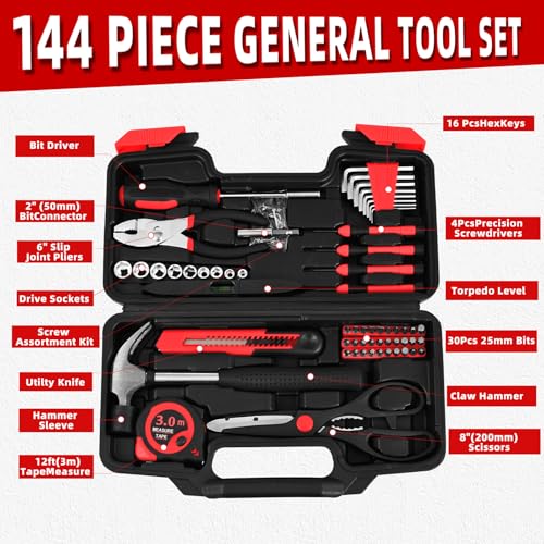 Image of 144-Piece Red Home Tool Set, Household Hand Kit with Plastic Toolbox | Basic repair tools for women & college students, all-purpose dorm set for home, apartment, office & daily household DIY use
