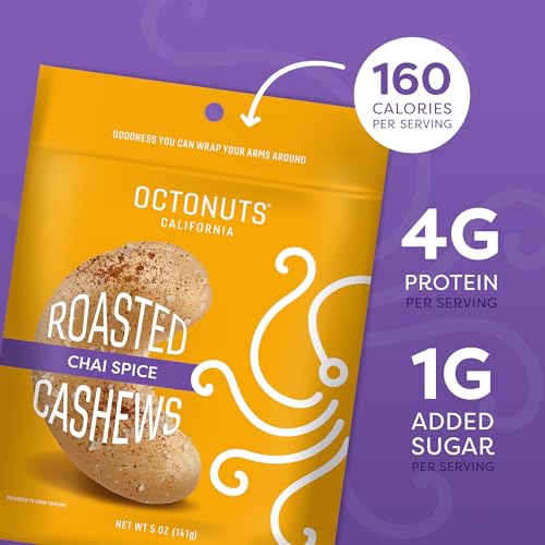 Image of Octonuts Chai Spice Cashews - Roasted in Almond Oil (5oz) Sweet Cinnamon & Spice Plant Based Protein - Healthy Snack for Adults & Kids - Vegan, Gluten Free & Non-GMO Verified
