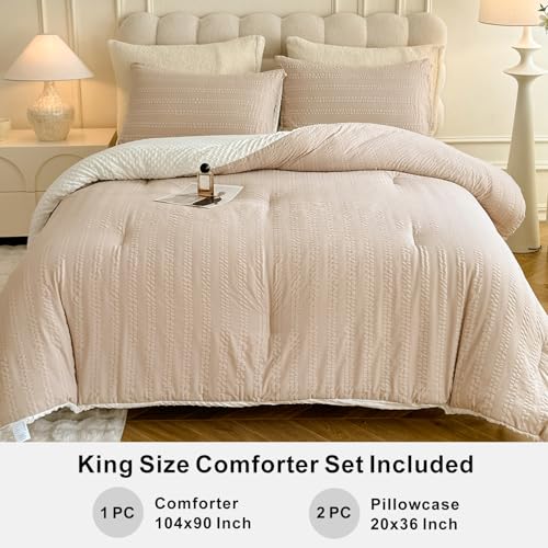 Image of tohrisa Boho Comforter Set King Size Striped Pleats Bohemian Seersucker Bedding Set All Season Soft Cozy 3 Pieces Quilt with 2 Pillowcases(104 inchX90 inch Beige)