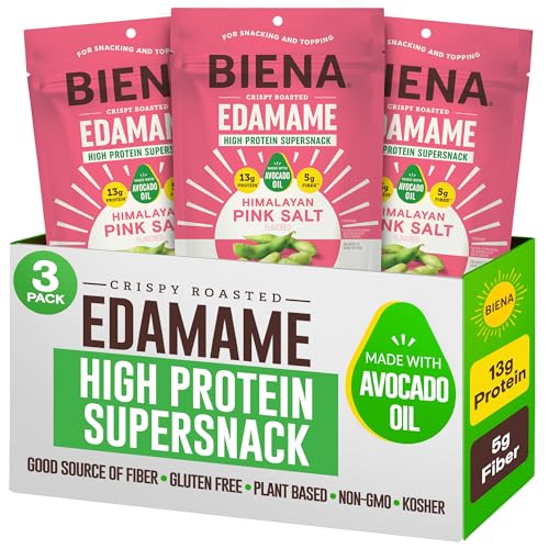 Biena Crispy Roasted Edamame Beans Snack – High Protein Snack for Adults & Kids, 12g-13g Protein per Serving - Made with Avocado Oil – Vegan, Low Carb, Gluten-Free – 3-Pack 4.75oz, Himalayan Pink Salt