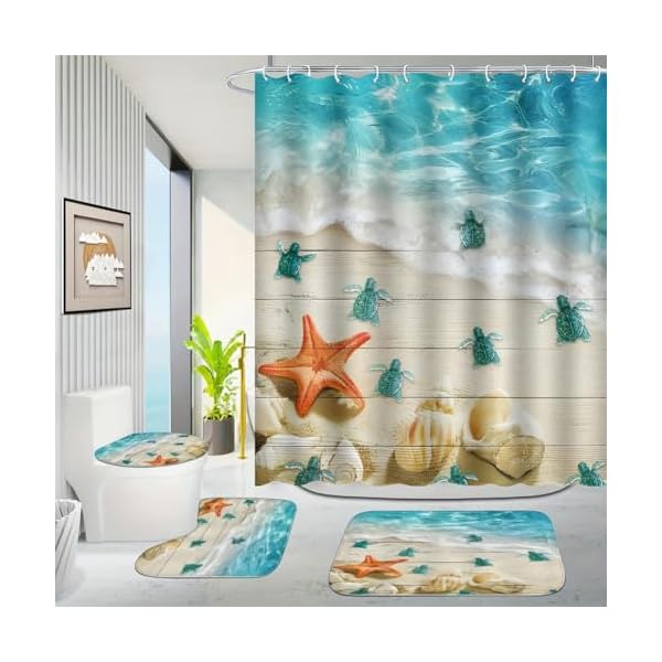 4pcs Seesternmuschel Schildkröte Gedrucktes Badezimmer-Set, Wasserdichter Duschvorhang, rutschfeste Matte, WC-Deckel-Matte Und U-Form-Matte, Badewanne-Trennwand – Bild 3