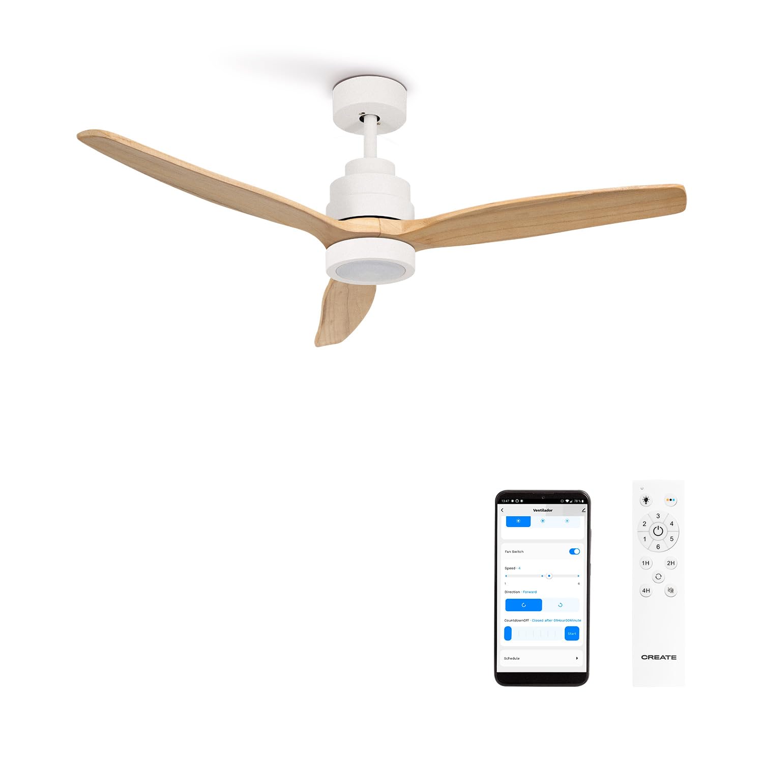 CREATE / WINDSTYLANCE L/Ventilador de techo con luz blanco aspas madera clara con Wifi y mando / 40W, Silencioso, Ø152 cm, 6 velocidades, temporizador, función verano-invierno, doble altura