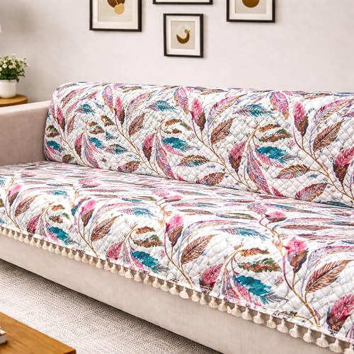 Image of Homerz Premium Printed Quilted Velvet Sofa Slip Cover Protector with Tassels, Sofa Mat, Exact Size, Antislip Cover (Multileaf, 3 Seater, Full)