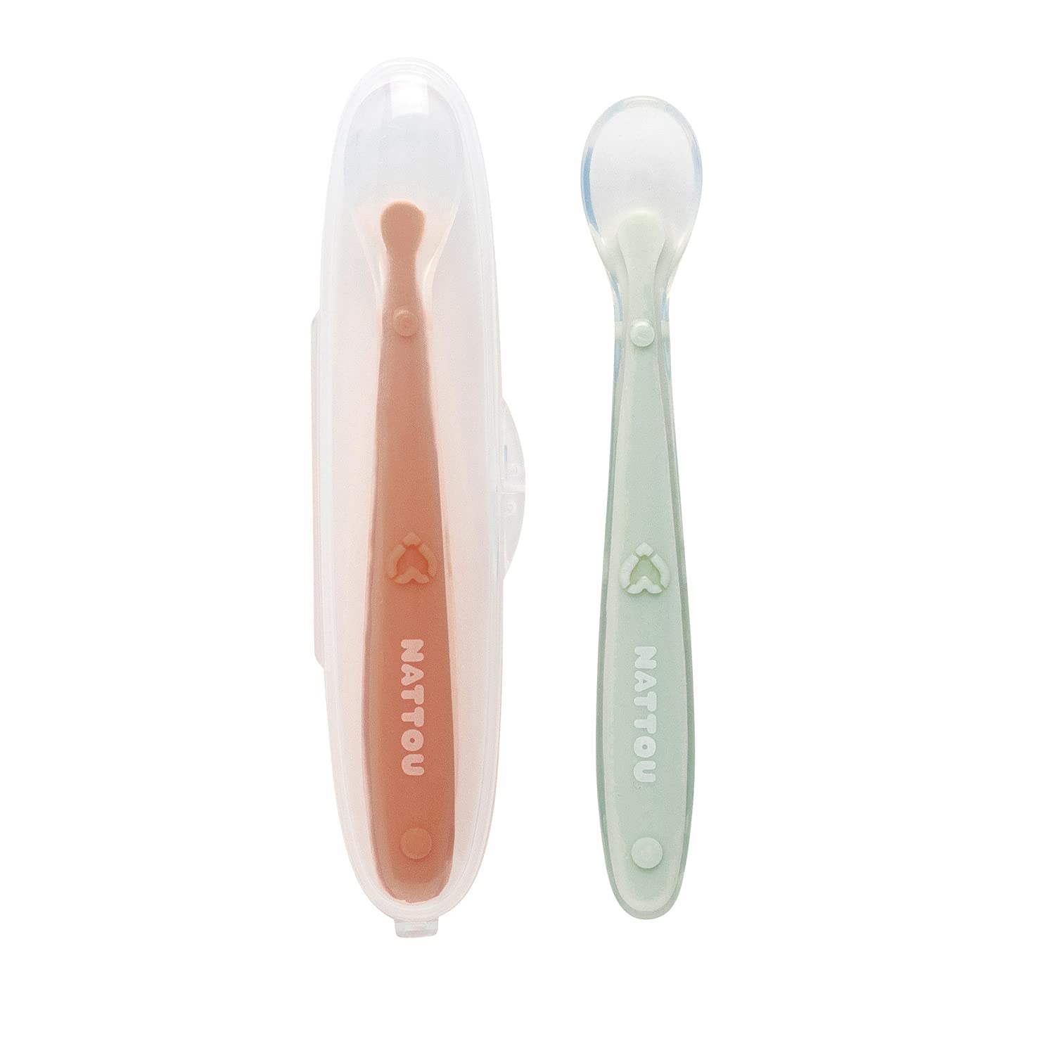 Nattou Cuillère en Silicone pour Enfants, Set de 2, Longueur : 16 cm Chacune, Avec Boîte de Transport, Sans BPA, Silicone, Orange/Vert 876834
