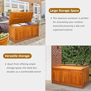 65 Gallon Solid Wood Deck Box, Garden Backyard Storage Bench, Waterproof Outdoor Storage Container for Patio Furniture Cushions Pool Supplies,Toys,Garden Tool,Sports Equipment 65 Gallon Solid Wood Deck Box Garden Backyard Storage Bench Waterproof Outdoor Storage Container for Patio Furniture Cushions Pool SuppliesToysGarden ToolSports Equipment