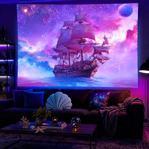 Image of BlissYard Psychedelic Galaxy Ship BlackLight Tapestry UV Reactive Ocean Sailing Wall Hanging 78x59 Inch Trippy Starry Sky Nautical Scene Cosmic Sea Decor For Bedroom Living Room Dorm Party