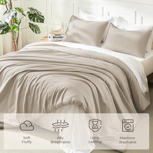 Image of Litanika Comforters Oatmeal Oversized Queen Size, 3 Pieces Lightweight Solid Bedding Comforter Set, All Season Fluffy Bed Set (98x98In Comforter & 2 Pillowcases)