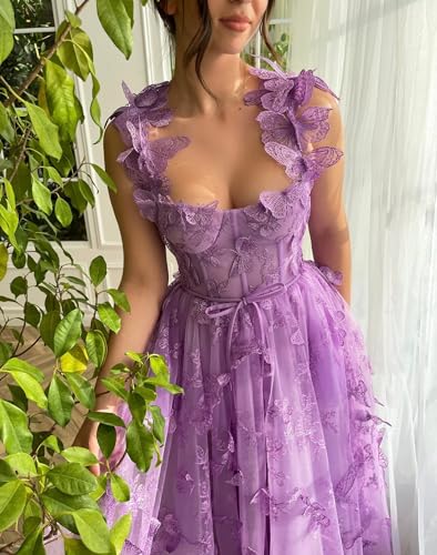 Women's Tulle Prom Dresses Long 3D Butterfly Spaghetti Straps Homecoming Dresses with Slit Tea Length Party Dress2