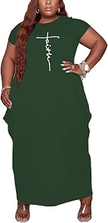 Women's Summer Plus Size Short Sleeved Long Dress Casual Loose Faith Beach Maxi Dress with Pockets
