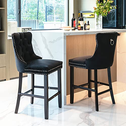 Virabit Velvet Counter Height Bar Stools Set of 2, 27' Upholstered Bar Stools with Button and Nailhead Decoration, Bar Stool Chairs with Back and Wooden Legs(Black)