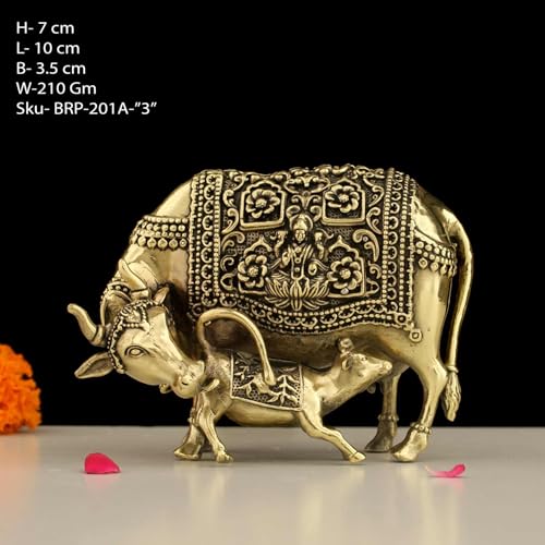 Image of INDICAST Handcrafted Brass Cow with Calf for Good Luck | 3 inch Kamdhenu Gau MATA Idol Spiritual Vastu Nandi Pooja Figurine Sculpture for Home and Office (Weight- 210gm)