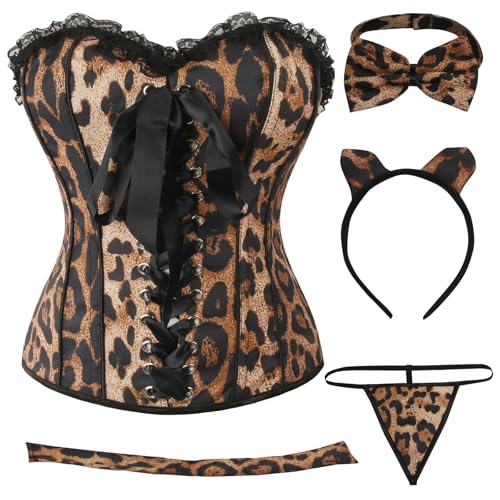 Charmian Women's Leopard Print Front Lace-Up Corset Bustier Top with Lace Trim2