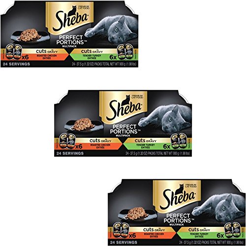 Sheba Perfect Portions Cuts In Gravy Multipack Roasted Chicken And Tender Turkey Grain Free Wet Cat Food 2.6 Ounces (12 Twin Packs) (3 Pack)
