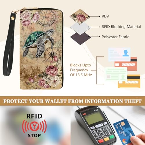 Sea Turtles Womens Wallet, Turtles Wristlet RFID Blocking Wallets for Women, Ladies Purse with Zip Around Credit Card Holder and 10 Card Slots & ID Window, Travel Large Capacity Women's Clutch Wallet4