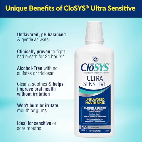 Image of CloSYS Ultra Sensitive Mouthwash, 32 Oz, Alcohol Free Mouthwash, Unflavored Mouth Wash, Dye Free, pH Balanced, Helps Soothe Entire Mouth (Pack of 12)