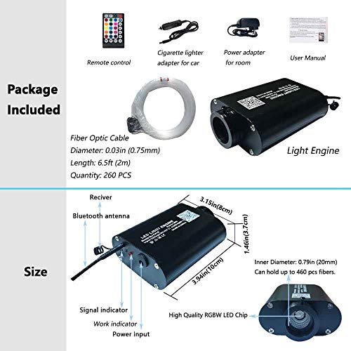 2020 New Upgrade Car Use 16W RGBW Starlight Headliner, Bluetooth APP/Remote Music Mode LED Fiber Optic Light Star Ceiling Kit, 260pcs 0.03in 6.5ft
