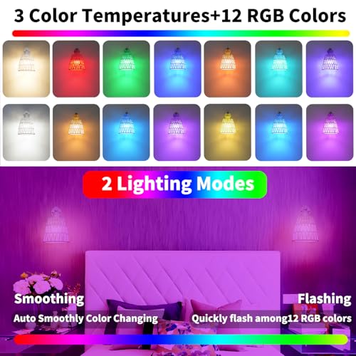 Image of White Battery Operated Wall Sconce Set of 2, Boho Rattan Rechargeable Wall Lights with Dimmable Bulbs and Remote,15 Colors Wireless Wall Lamps for Bedroom Living Room Hallway Decor