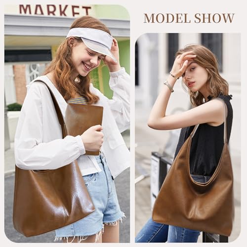 Image of Leather Hobo Bags for Women Slouchy Tote Bag Retro PU Leather Purse Soft Shoulder Handbags Large Work Tote Bag 2pcs