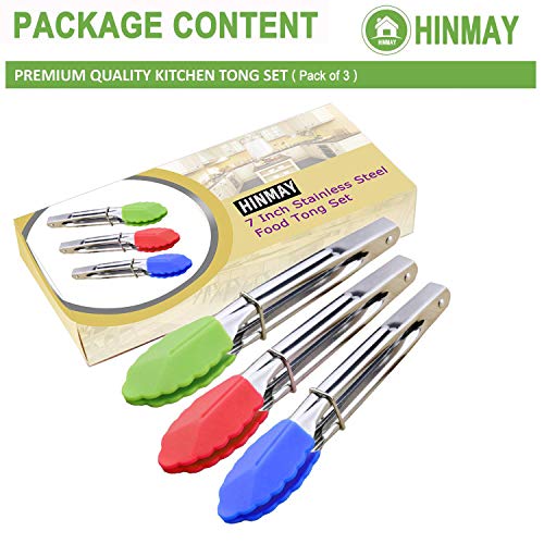 Hinmay Mini Tongs With Silicone Tips 7-Inch Serving Tongs, Set Of 3 (Green Red Blue) #TOP2