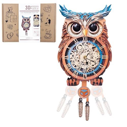 Lilcubics Horloge puzzle 3D en bois pour adultes, horloge murale à chiffres romains avec mouvement silencieux, cadeau de hibou pour femme, décoration...