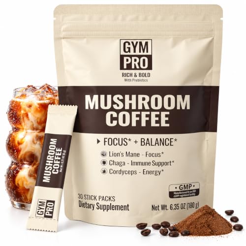 GYMPRO® Instant Mushroom Coffee with Lion's Mane, Cordyceps &amp; Reishi, 30 Packets, 5 Fruiting Body Extracts + Chaga Sclerotium Extract, L-Theanine &amp; Prebiotic, Focus Energy Gut Health, No Earthy Taste