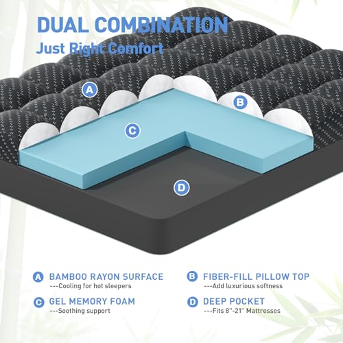 Image of Dual Layer 3 Inch Memory Foam Mattress Topper King Size, 2 Inch Gel Memory Foam Plus 1 Inch Cooling Pillow Top Mattress Pad Cover, with 8-21 Inch Deep Pocket, Black