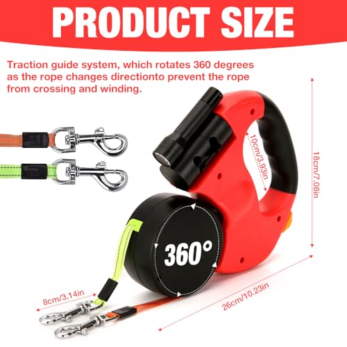 Mineup Doppelleine für 2 Hunde, 3 M Automatische Hund Versenkbar Leine, Doppelleine mit Licht, Doppelte Einziehbare Hundeleine, Hundeleine für Zwei Hunde bis zu 10kg Gewicht, Kein Verheddern