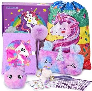 Tacobear Unicorn Gifts for Girls Toys Age 6 7 8 9 10 11 12 Years Girls Stationary Sets Diary Fluffy Unicorn Notebook Sequin Drawstring Bags Pencil Case Unicorn Toys Birthday Gift for Teen Girls