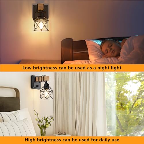 Image of FadimiKoo Dimmable Wall Sconces Set of Two, Bedside Wall Mounted Lamp with Rotary Switch, Wooden Black Bathroom Light Fixtures with Metal Cage, Hardwired Farmhouse Wall Lights for Bedroom, Living Room