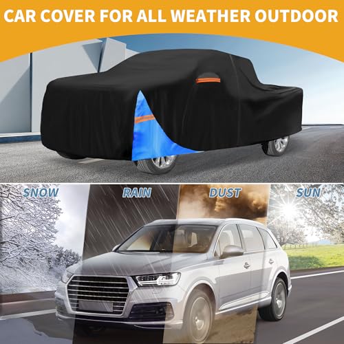 Image of Universal Car Cover Waterproof All Weather 190T Polyester, UV Sun Rain Protection, Fits for Truck Length 221 inch-228 inch, with Left Side Zipper, Black & Blue