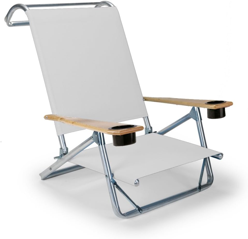 Original Mini-Sun Chaise Folding Beach Arm Chair with Cup Holders, White