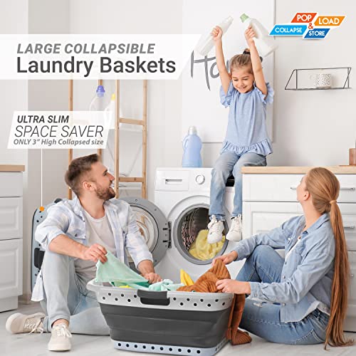 Image of Pop & Load Collapse and Store Collapsible Plastic Laundry Basket, Large 1 pc Pop Up Laundry Hamper with 3 Comfort Grip Handles, 10.5 Gallons, Gray