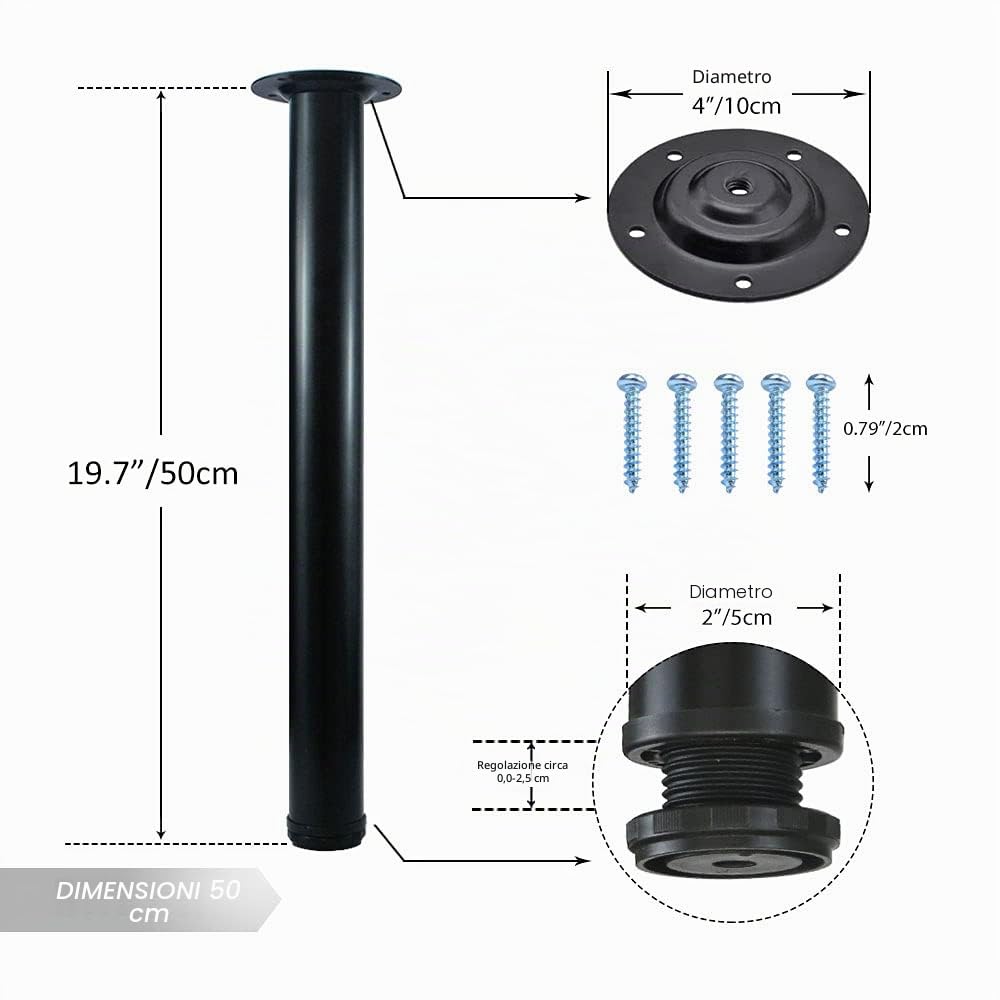 QLLY Set di 4 gambe regolabili in metallo, alte 50 cm, per scrivania e tavolo da ufficio, set di 4 (50 cm, nero)