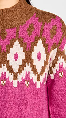 Monrow Women's Mock Neck Fair Isle Sweater, Dragon Fruit, Pink, Print, S #TOP5