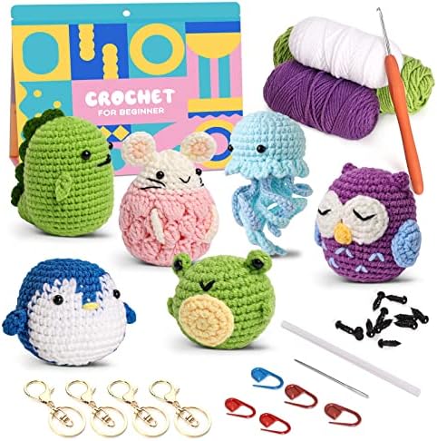 Crochet Kit for Beginners, LAKIX 6PCS Crochet Animal Kit for Adults and Kids, Beginner Crochet Kit for Gifts, Learn to Crochet Kits with Step-by-Step Video Tutorials
