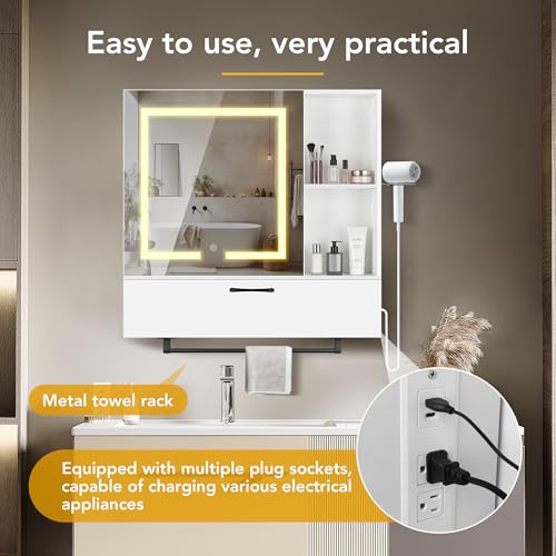 vellaniq LED Lighting with Socket and USB Bathroom Medicine Mirror Cabinet,Color Changing Anti Fog Light Strip,Equipped with Hair Dryer Rack and Towel Rack,Embedded or Wall Mounted,White - image 7