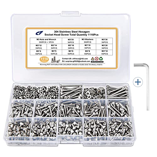 Chfine 1110Pcs M3 Metric Bolts And Nuts Assortment Kit, 304 Stainless Steel Hex Socket Head Cap Flat Washers Machine Screws, M3 X 4/5/6/8/10/12/14/16/18/20/25/30Mm Screws And Nuts Set W/Allen Wrench #TOP26