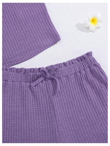 Image of RoseSeek Girl's 2 Piece Outfits Waffle Knit Scoop Neck Button Down Crop Tank Tops Paperbag Waist Track Shorts