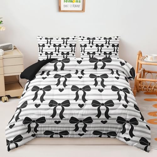 Image of AILONEN Black Bow Comforter Twin 3 Piece Monochrome Stripe Bedding Aesthetic Ribbon Heart Quilt Soft Microfiber Padded Blanket Girls Dorm Decor Trendy White Coverlet 2 Pillowcases